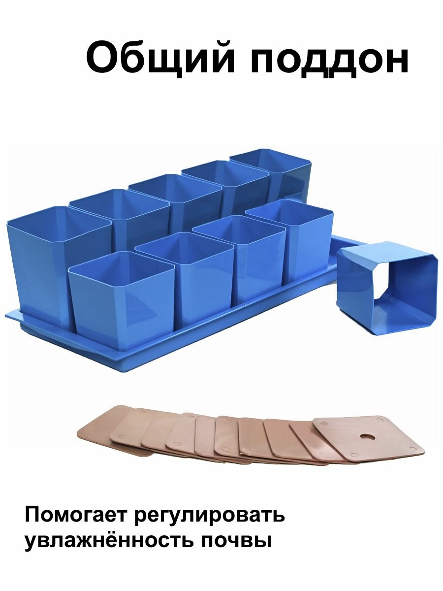 Изображение Горшки для рассады и цветов двухъярусные - 10 шт (по 5 шт 750 и 500 мл) на общем поддоне, синие