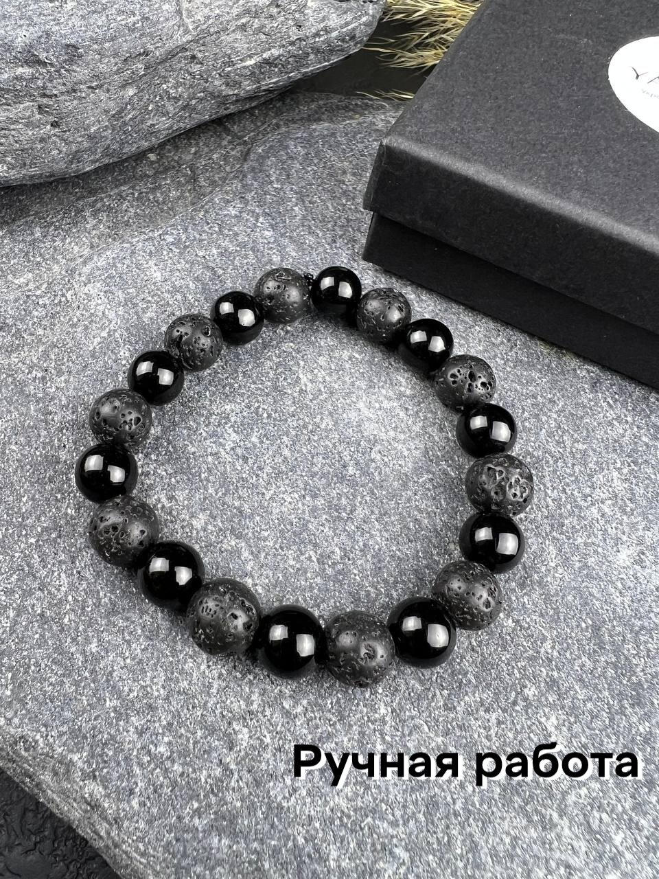 Браслет-нить, вулканическая лава, агат, 1 шт., размер 19 см, размер L, черный — фото 1