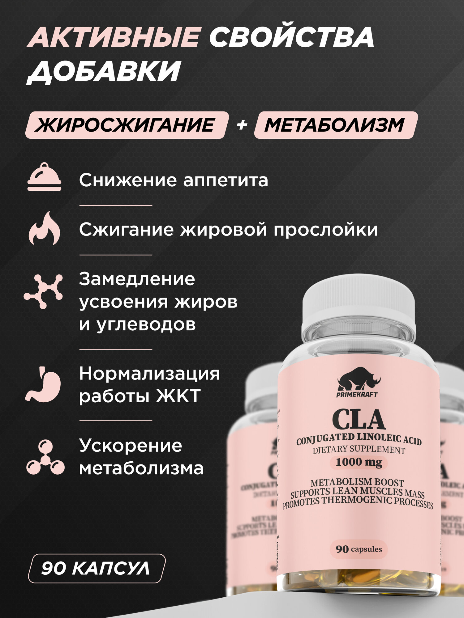 Жиросжигатель PRIMEKRAFT, CLA, конъюгированная линолевая кислота, 90 капсул, 1360мг — фото 1