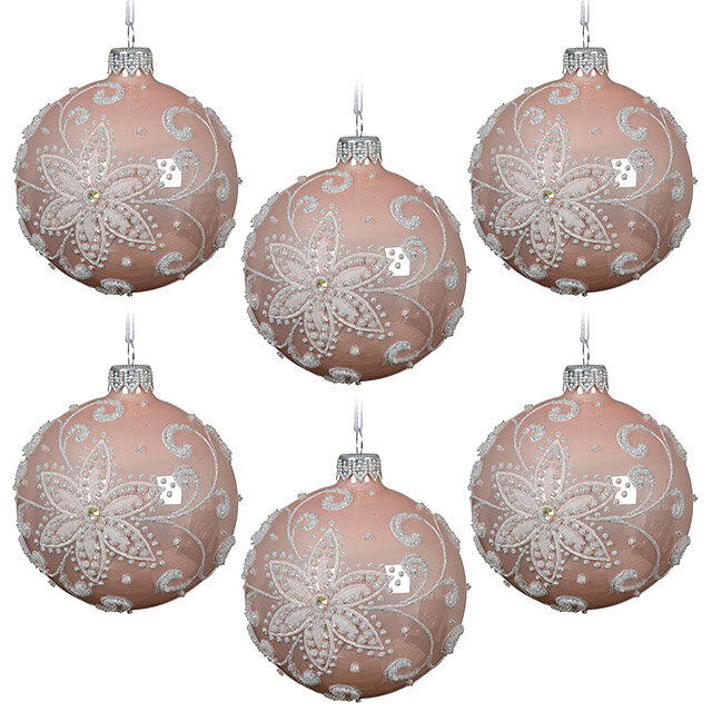 Набор стеклянных шаров Glenshi - Розовые Румяна 8 см, 6 шт