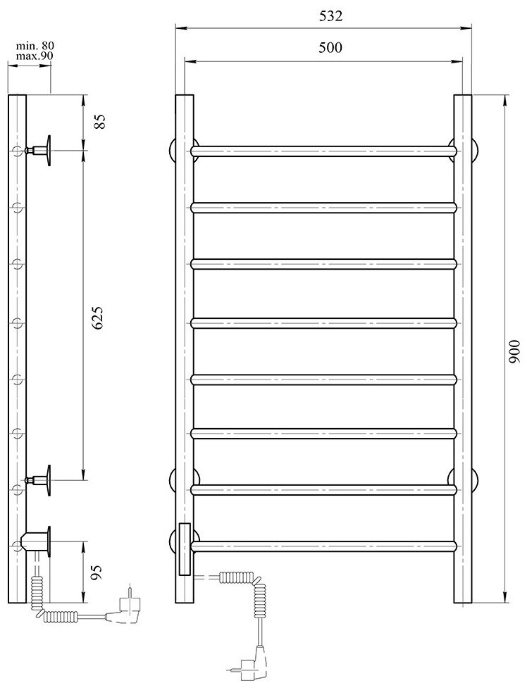 Полотенцесушитель электрический Domoterm (Домотерм) DMT 109-8 50x90 EKTD L, хром - фотография № 4