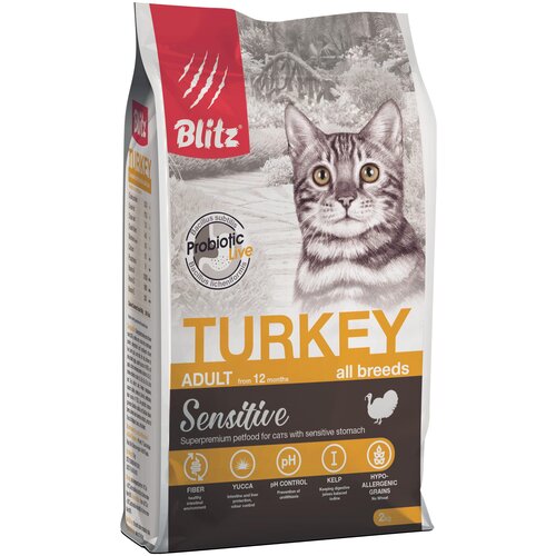 Сухой корм для кошек Blitz Sensitive, с индейкой 2 кг blitz низкозерновой корм для взрослых кошек blitz adult cat chicken