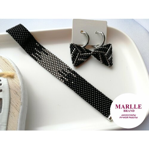 фото Marlle комплект украшений: серьги с подвеской и браслет из бисера ручной работы в подарочной упаковке, черный с серебряным узором