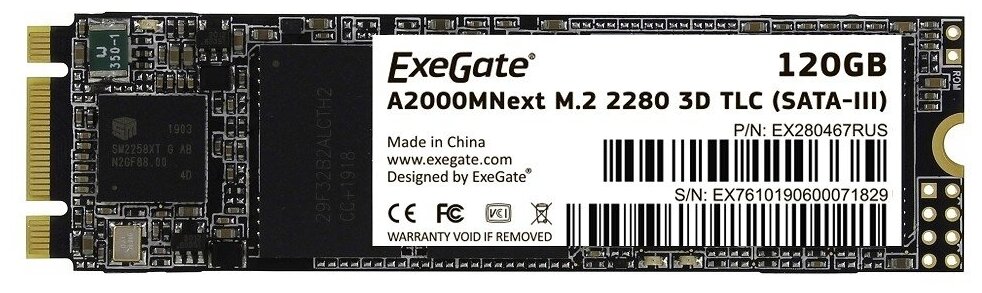 Накопитель SSD M.2 2280 120GB ExeGate Next A2000TS120 (SATA-III, 22x80mm, 3D TLC) (EX280467RUS)