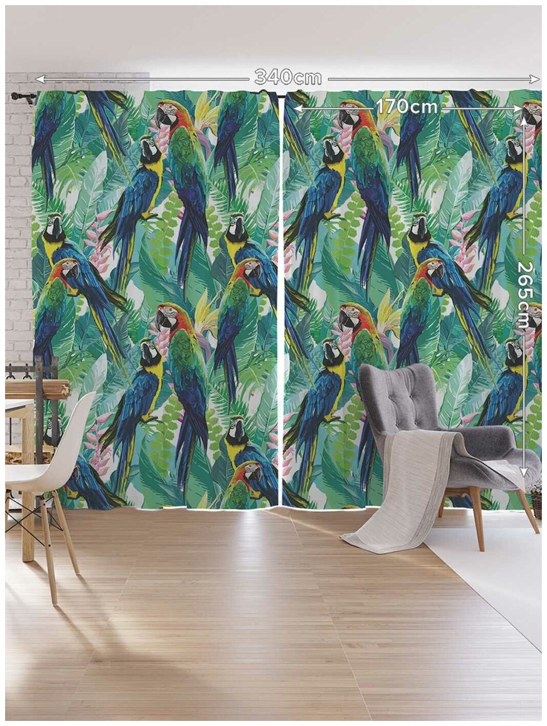 Шторы, фотошторы JoyArty "Яркие попугаи” из ткани оксфорд, 2 полотна шириной по 170 см, высота 265 см, шторная лента и крючки, степень затемнения 70%;Зеленый - фотография № 2