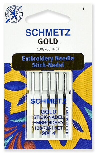 Иглы для вышивки Gold, титаниум Schmetz 130/705H-ET № 90, уп.5 игл