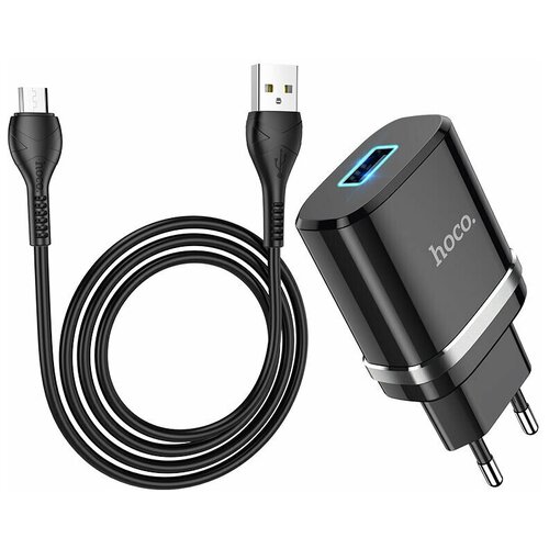 фото Сетевое зарядное устройство hoco n1 ardent + кабель microusb, функция быстрой зарядки, 2.4a, подсветка. цвет- черный hoco,hoco