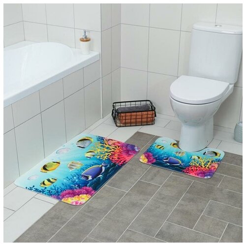 фото Доляна набор ковриков для ванны и туалета доляна «аквариум», 2 шт: 79×50, 50×39 см