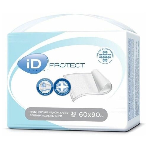 Пеленки одноразовые впитывающие ID Protect Expert 60х90 см-30 штук для взрослых, детей, новорождённых, собак, кошек, защита мебели, непромокаемая, медицинская