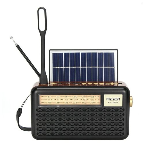 Радиоприемник Meier M-522BT-S/солнечная панель/USB, microSD, Bluetooth/USB лампа/черный