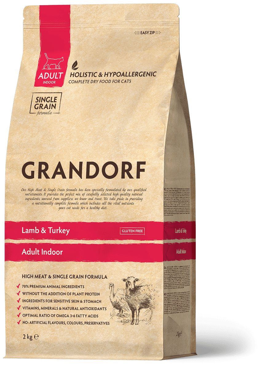 GRANDORF SINGLE GRAIN CAT AD INDOOR LAMB&TURKEY низкозерн для взр кошек живущих дома ягненок индейка 8 кг