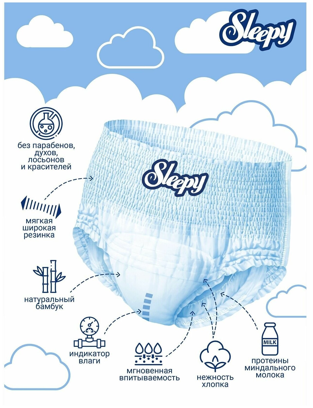 Детские подгузники-трусики Sleepy Natural JEANS размер 6 (15-25 кг.)