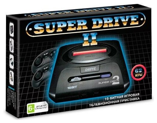 Игровая приставка 16 bit Super Drive 2 Classic (62 в 1) + 62 встроенных игр + 2 геймпада (Черная)