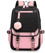 Городской школьный рюкзак с помпоном для учащихся (Черно-розовый)