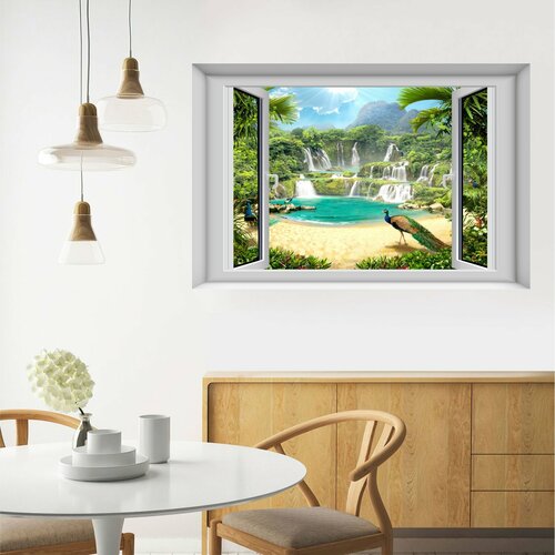 Фотообои, постер Вид из окна Водопад с павлинами 100х150 см. /Фотообои в гостиную, кухню, коридор