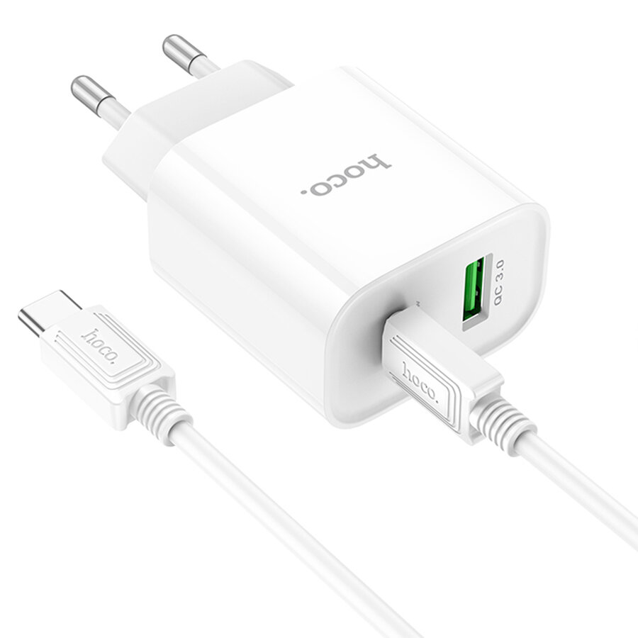 Сетевое зарядное устройство HOCO C80A Plus 1xUSB + 1xUSB-C с Кабелем Type-C - Type-C, 3.1A, 20W, белый — фото 1