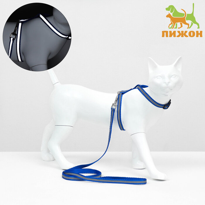 Комплект для кошек светоотражающий, ширина 1 см, шлейка 21-35 см, поводок 120 см, синий 9912208