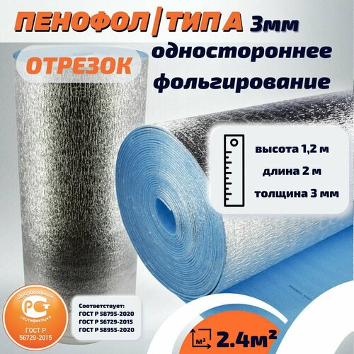 Отрезок Фольгированный утеплитель пенофол 2000 А3 3 мм НЕ самояклеящийся ГОСТ 2 метра (2.4м2) подложка