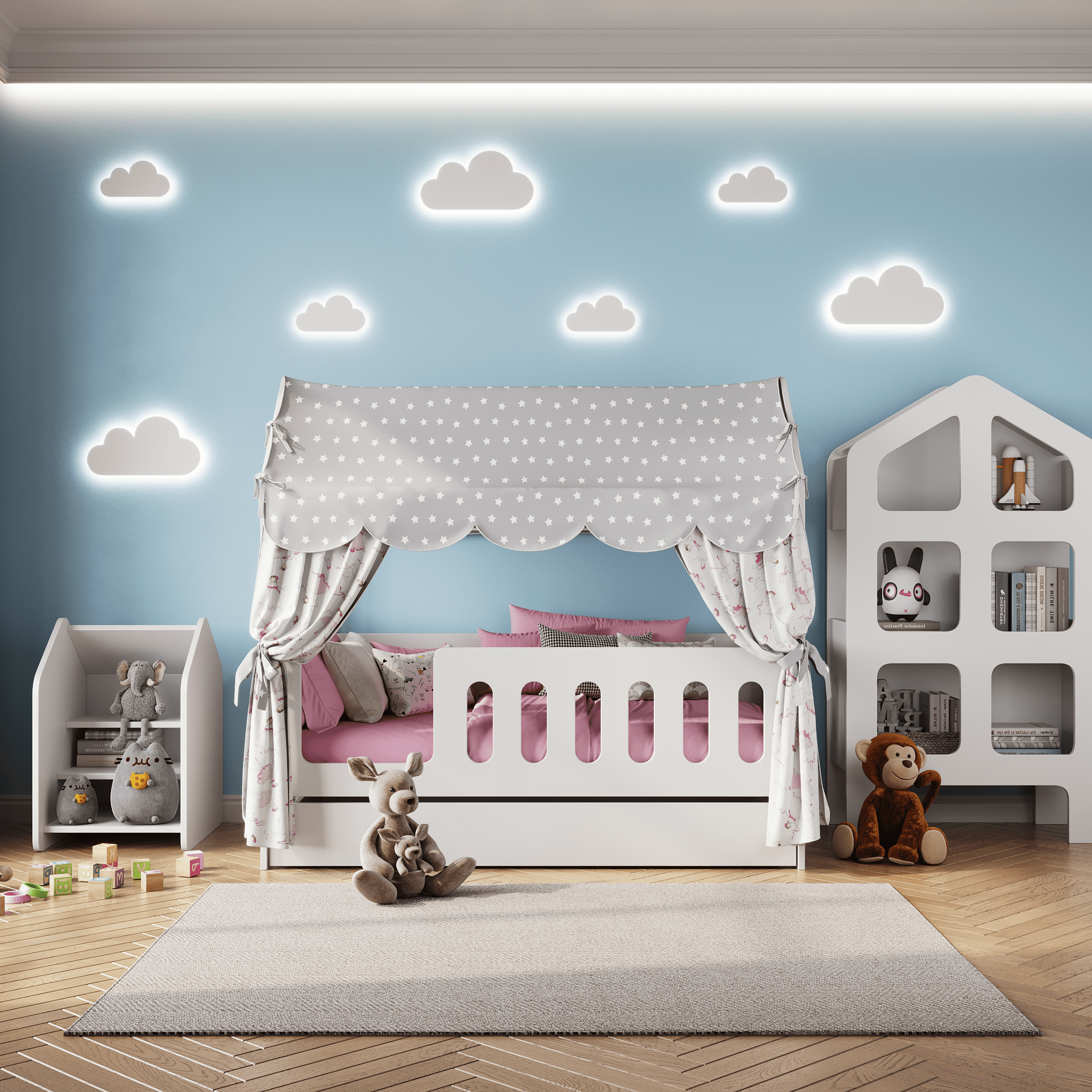 Кровать детская домик с текстилем и ящиком (серый с принцессами, вход слева) "Классик"