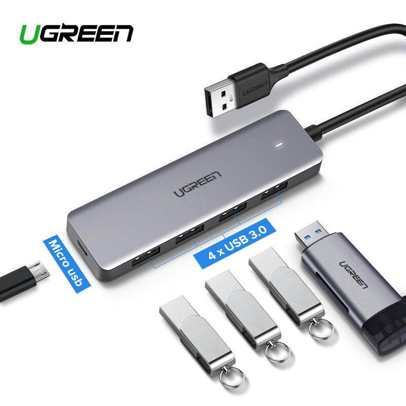 USB Хаб UGREEN CM219 (50985) 4-Port USB 3.0 Hub with USB-C Power Supply. Цвет: серый — фото 1