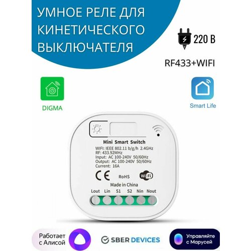Умное реле для кинетического выключателя света 220В 10А RF433WiFi 1100₽