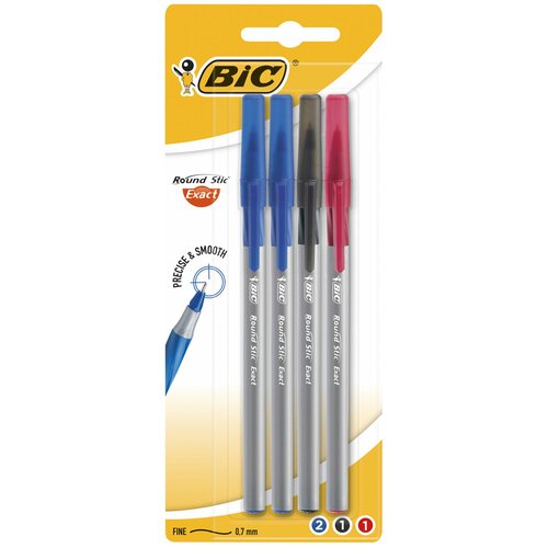 Ручки шариковые с грипом BIC Round Stic Exact набор 4 шт./3 цвета (синий черный красный) линия письма 0 28 мм блистер, 5 шт