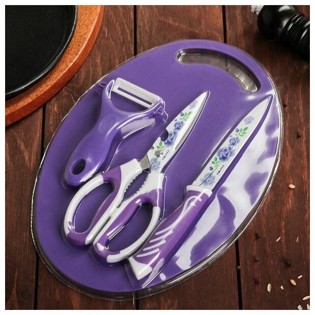 Набор кухонных принадлежностей, 4 предмета: нож, ножницы с антиналипающим покрытием, овощечистка, доска, цвет фиолетовый