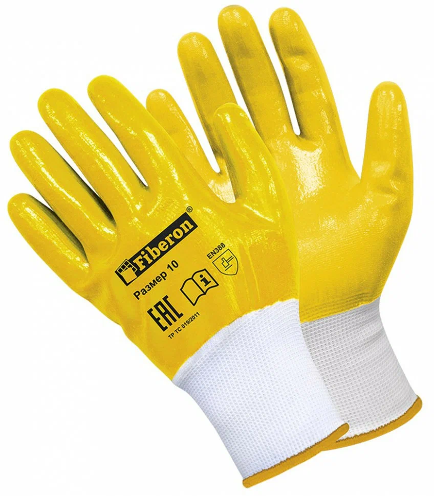 Перчатки полиэстер, нитриловый облив, 10 (XL), желтая основа, стойкость к загрязнениям, Fiberon - фотография № 1