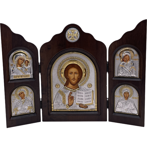 Икона Христос Спаситель, триптих, 5 икон, шелкография, золотой декор, серебро, 16*24 см