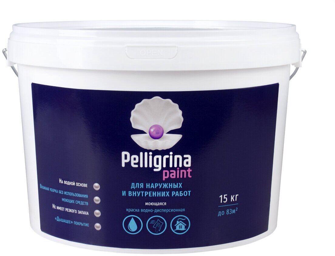 фото Краска моющаяся для наружных и внутренних работ Pelligrina Paint, акриловая, белоснежная, 15 кг