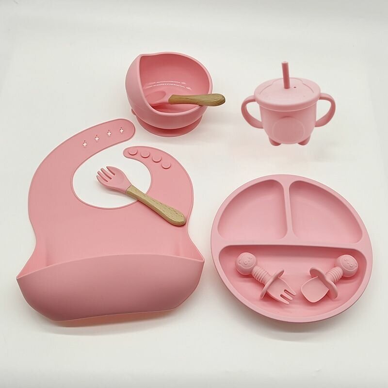 (Розовый) Детский силиконовый набор посуды для кормления малыша 9 предметов