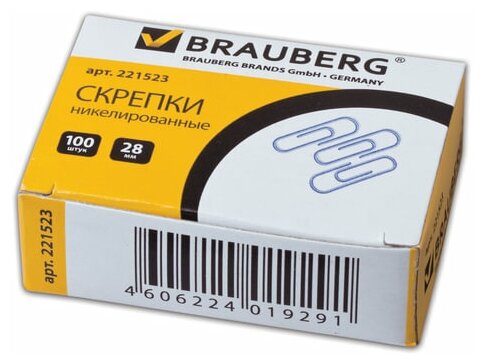 Скрепки Brauberg 28 мм никелированные, 100 шт (221523)