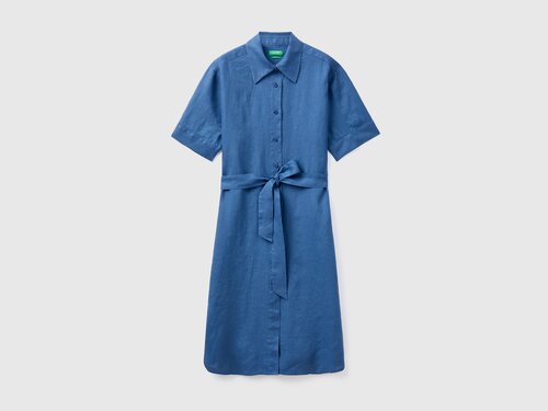 Платье-рубашка UNITED COLORS OF BENETTON, лен, повседневное, свободный силуэт, до колена, размер M, синий