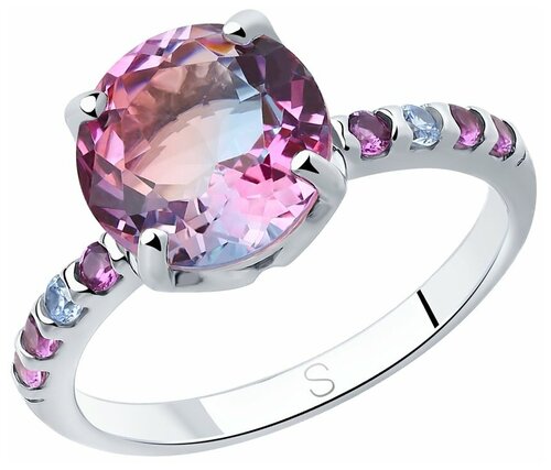 Кольцо SOKOLOV, серебро, 925 проба, родирование, фианит, ситалл, размер 17, розовый, фиолетовый