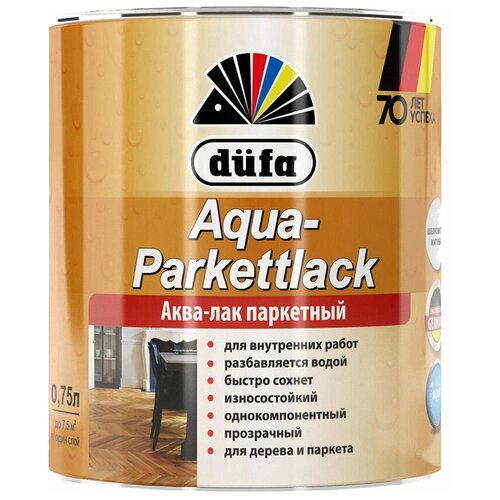 Лак акрил-полиуретановый паркетный Dufa Aqua-Parkettlack шелковисто-матовый бесцветный 0,75 л мультипротект клей паркетный кпс однокомпонентный 15кг