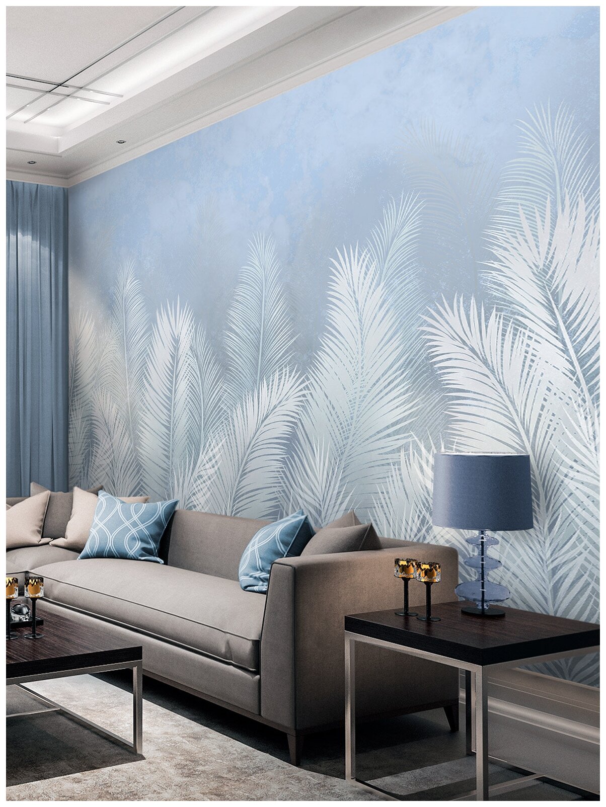 Фотообои Листья пальмы на голубом фоне/ Красивые уютные обои на стену в .