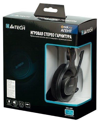 Гарнитура игровая A4TECH HS-100, для компьютера, мониторные, проводные, черный / серый