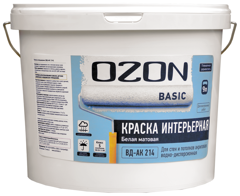 Краски интерьерные OZON Краска для стен и потолков акриловая OZON Basic ВД-АК-214А-14 А (белая) 9л обычная