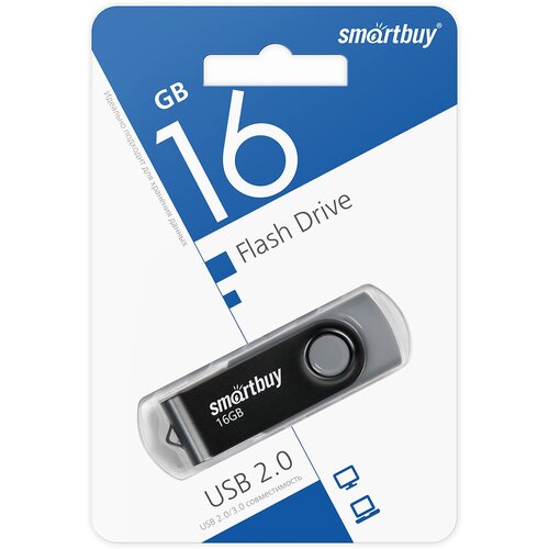 Флешка Smartbuy Twist, 16 Гб, USB 2.0, чт до 25 Мб/с, зап до 15 Мб/с, черная флешка 32gb smartbuy twist dual sb032gb3duotwk