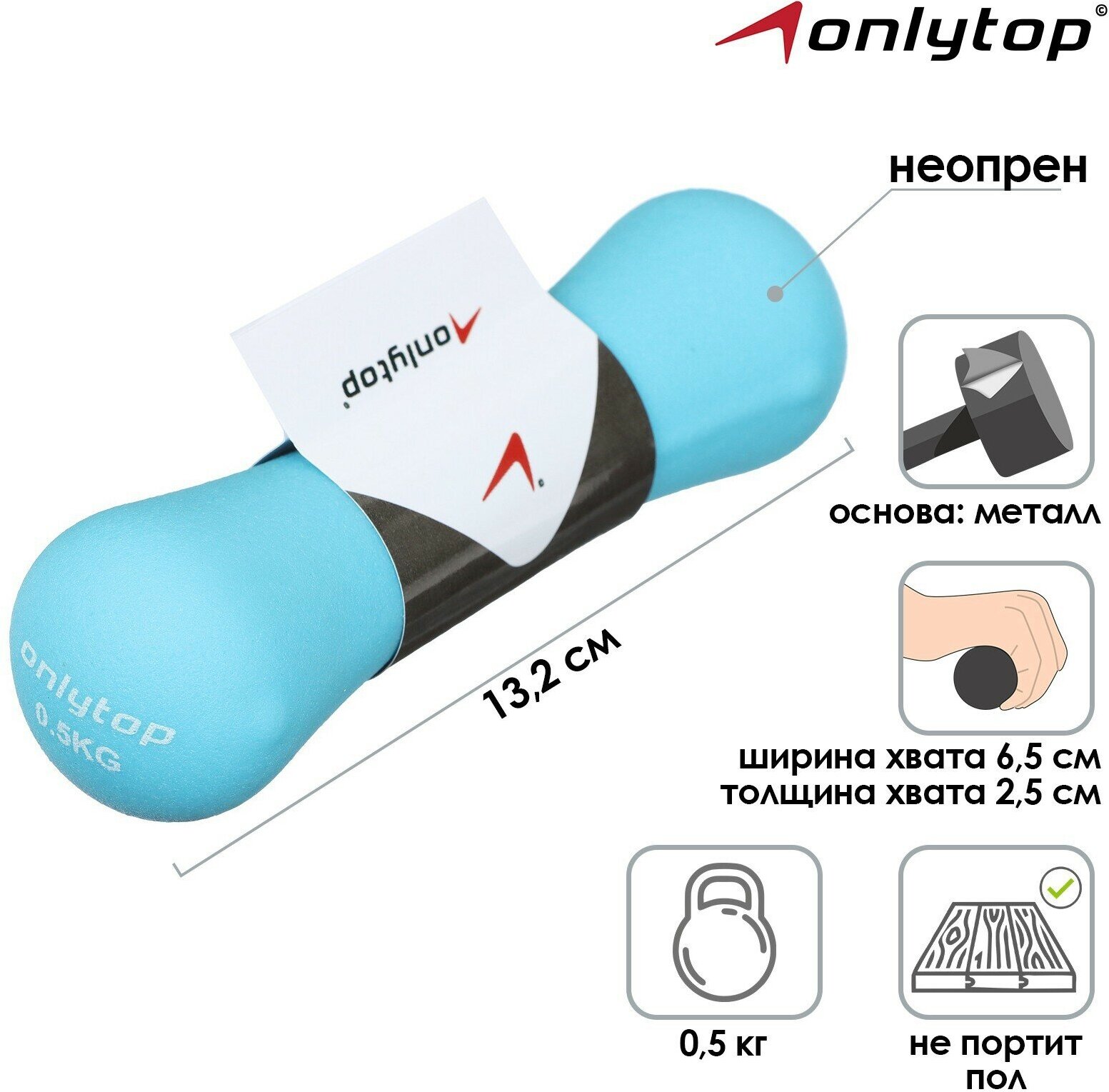 Гантель ONLYTOP, неопреновая, вес 0,5 кг, ширина хвата 6,5 см, толщина хвата 2,5 см, цвет голубой