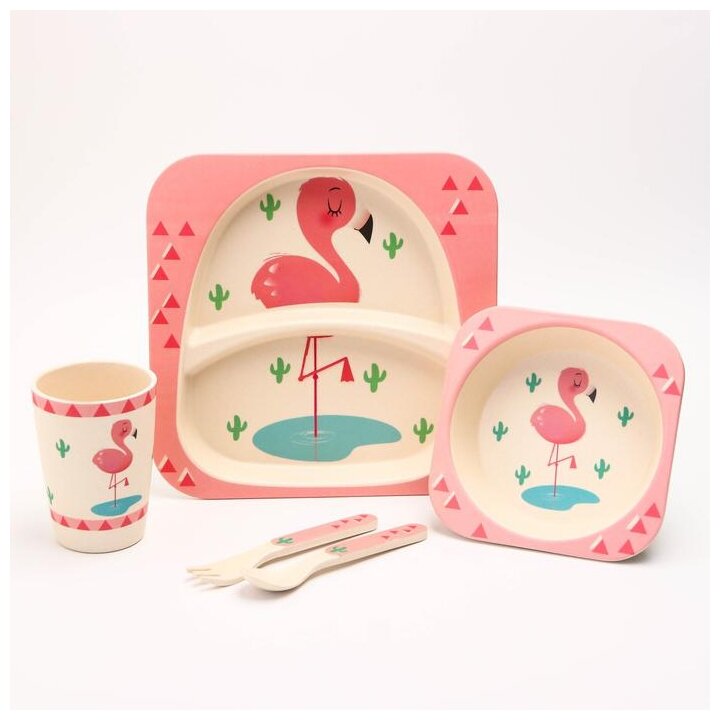Набор бамбуковой посуды Крошка Я "Розовый фламинго", тарелка, миска, стакан, приборы, 5 предметов (4167327)