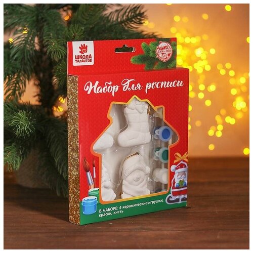 фото Набор елочных украшений под раскраску 4 шт "сказка" с подвесом, краска 6 цв по 2 мл, кисть 3462485 школа талантов