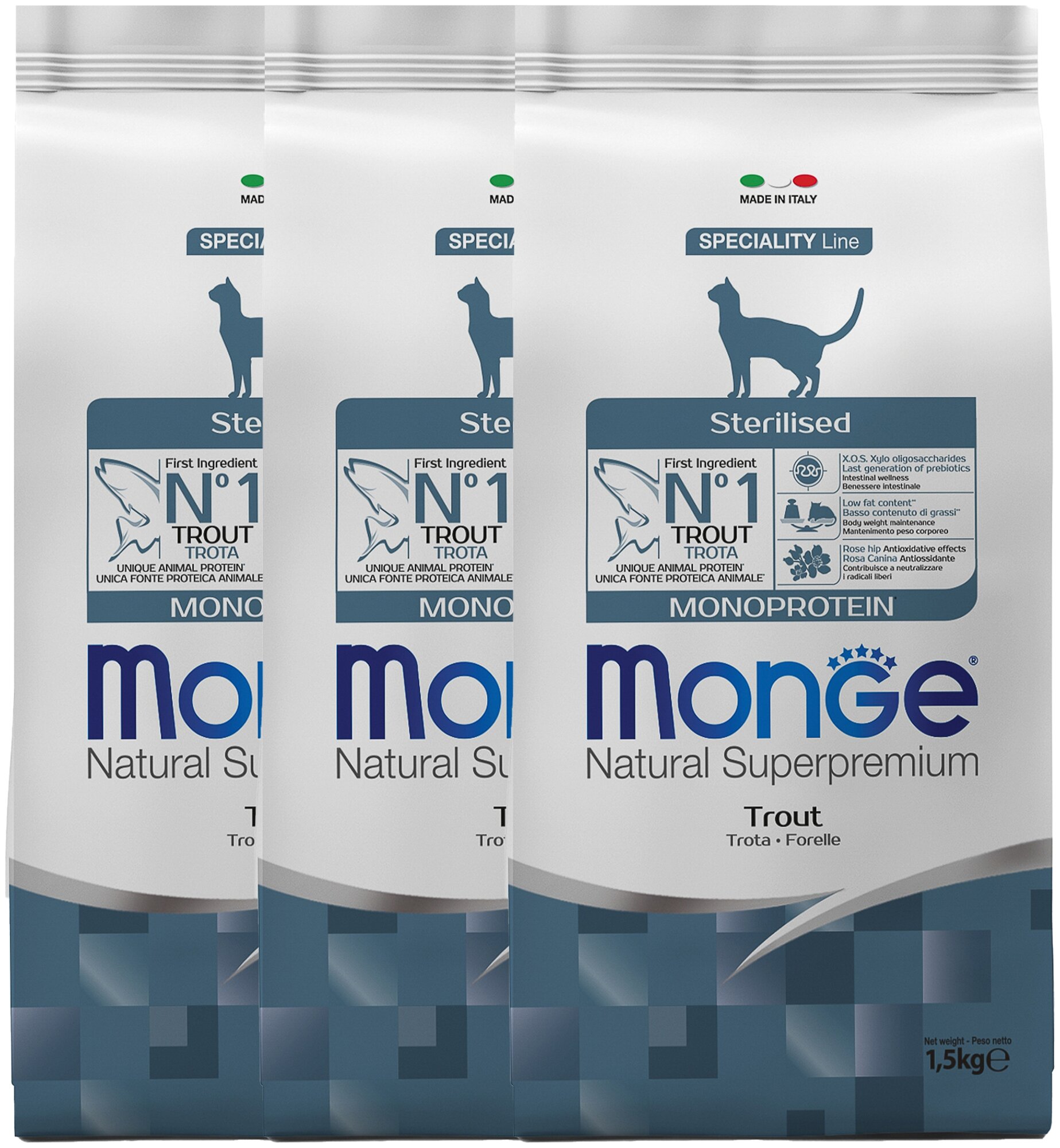 Monge Cat Monoprotein Sterilised Trout корм для стерилизованных кошек с форелью 1,5 кг х 3 шт.