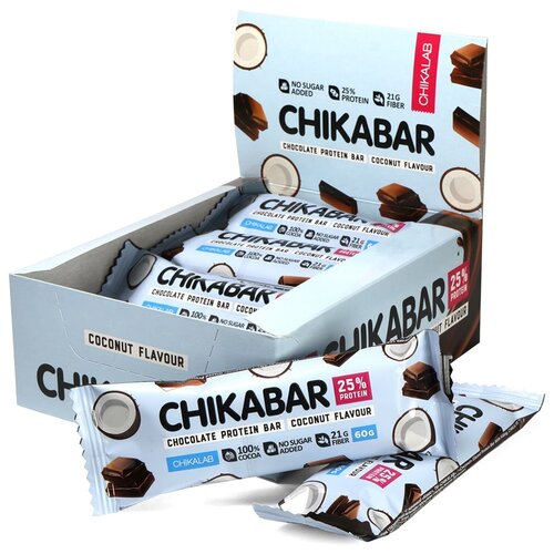 Протеиновый батончик Chikalab Chikabar без сахара, Кокос с шоколадной начинкой, 60г х 12 шт. протеиновый батончик chikalab chikabar без сахара тирамису 60г х 12 шт
