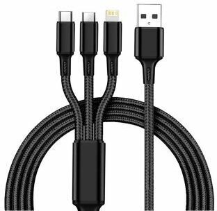 USB кабель для зарядки 3 в 1 Lightning Type-C Micro USB черный — фото 1