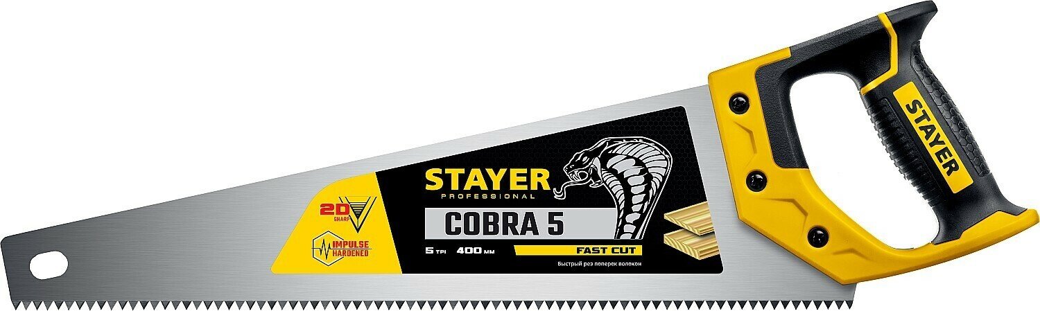 Ножовка по дереву (пила) STAYER "Cobra 5" 400 мм 5 TPI прямой крупный зуб быстрый рез поперек волокон для крупных и средних заготовок