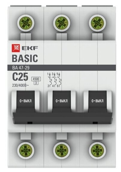 Автоматический выключатель 3P 25А (C) 4,5кА ВА 47-29, EKF Basic - фотография № 2