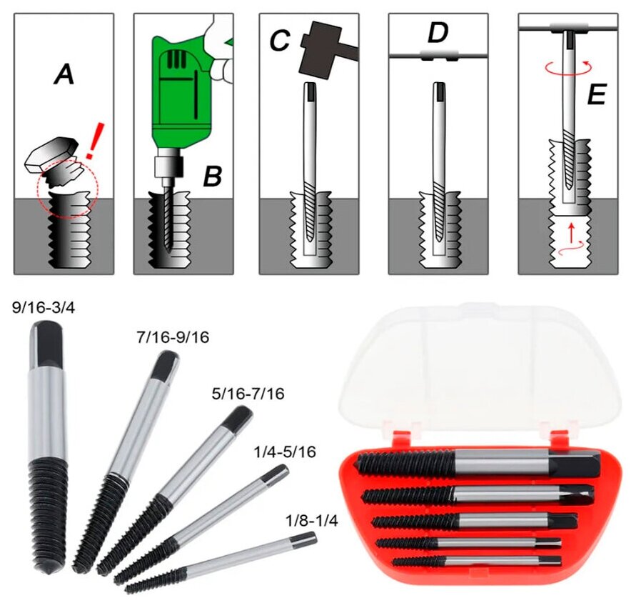 Набор экстракторов резьбы, 5 предметов (М3-М18; 3-18мм;), в пластиковом футляре - фотография № 15