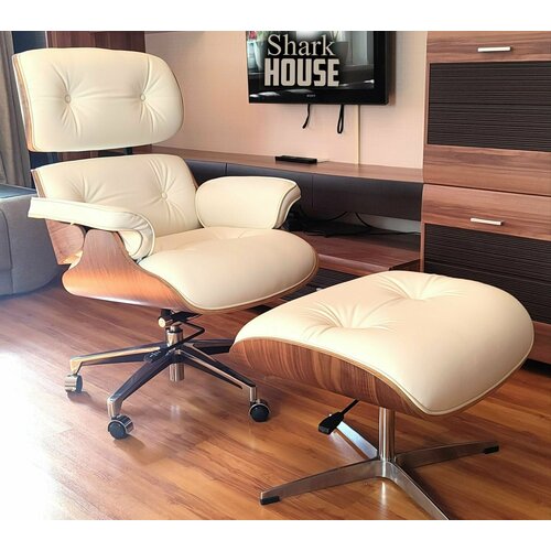 Белое кресло Lounge Eames Chair and Ottoman из натуральной кожи наппа