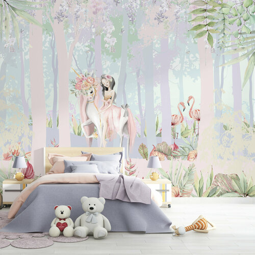 Фотообои на стену Обои бумажные Magic forest 500х270 декор лес единорог принцесса 3d